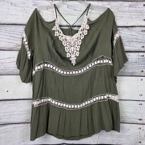 Maurices Olive Green Lace Trim Boho Top Short Sleeve 2